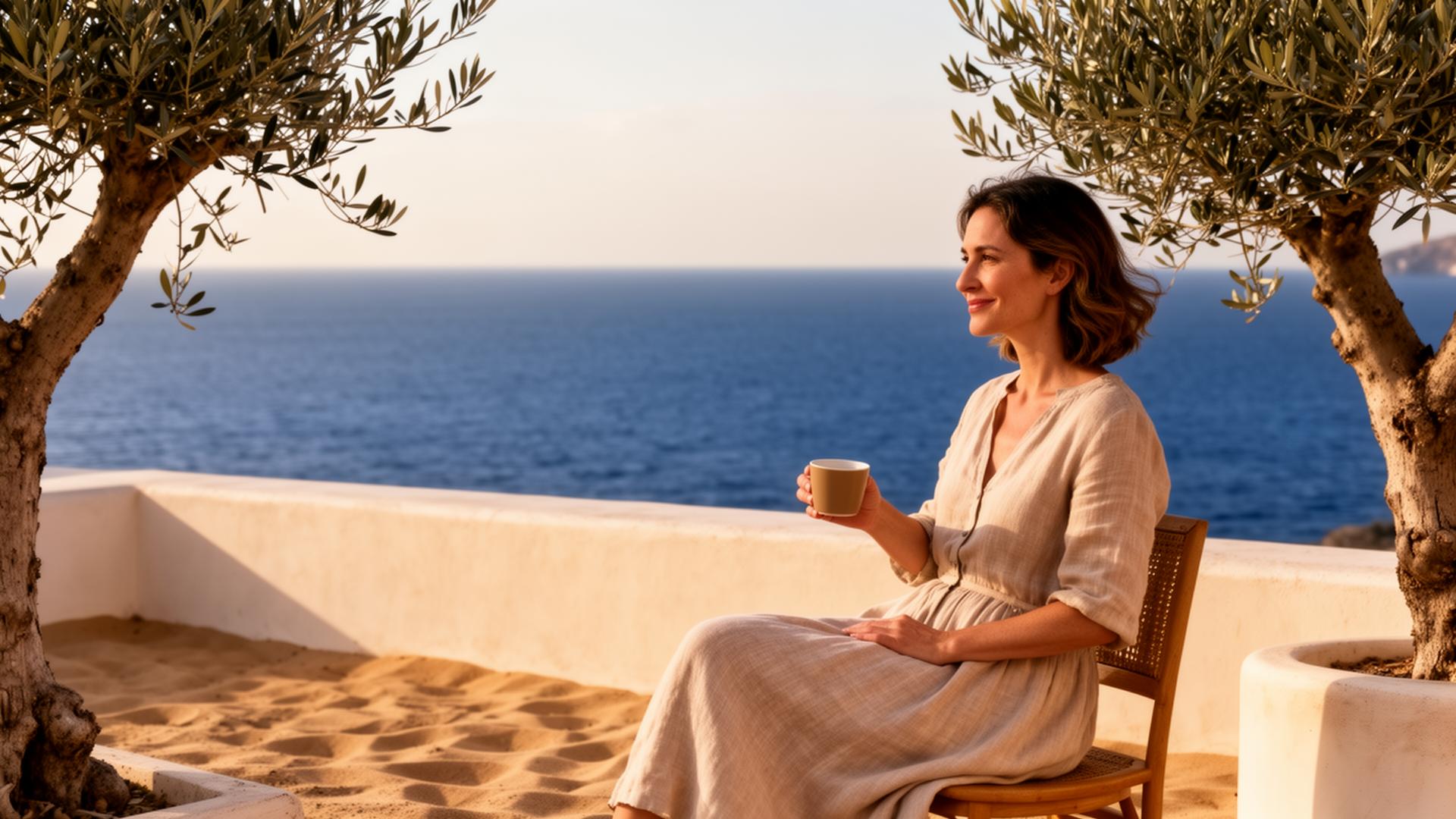 Relaxed mother on a Mediterranean terrace overlooking the sea at golden hour