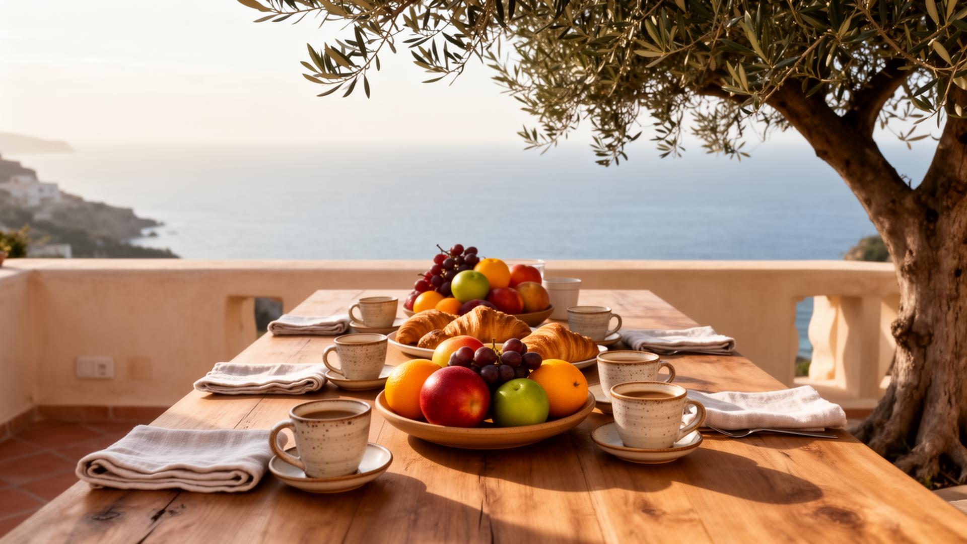 Mediterranean breakfast on a terrace overlooking the sea